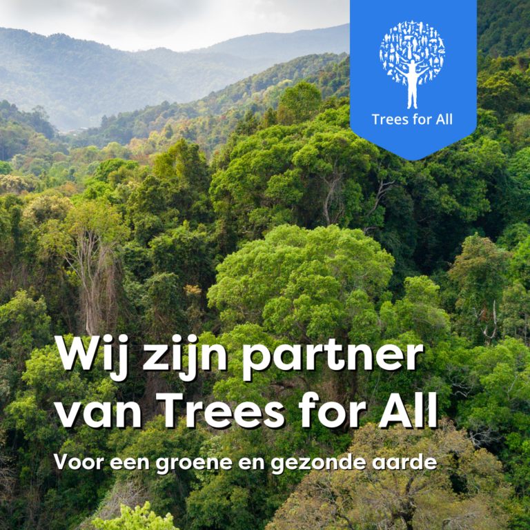 Een afbeelding waarop staat dat wij partners zijn van Trees for All. Voor een groene en gezonde aarde.