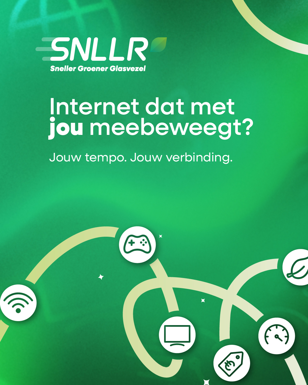 Afbeelding met de tekst: Internet dat met jou meebeweegt? Jouw tempo. Jouw verbinding